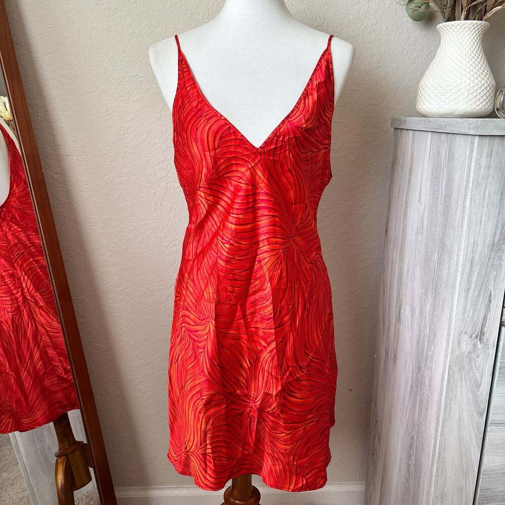 Natori Vintage L Red Orange Satin Chemise Nightgown Slip Dress Y2K Abstract